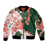 Green Orange Hibiscus Plumeria Floral Sleeve Zip Bomber Jacket LT01 Unisex Orange - Polynesian Pride