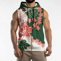 Green Orange Hibiscus Plumeria Floral Sleeveless Zip Hoodie - Polynesian Pride