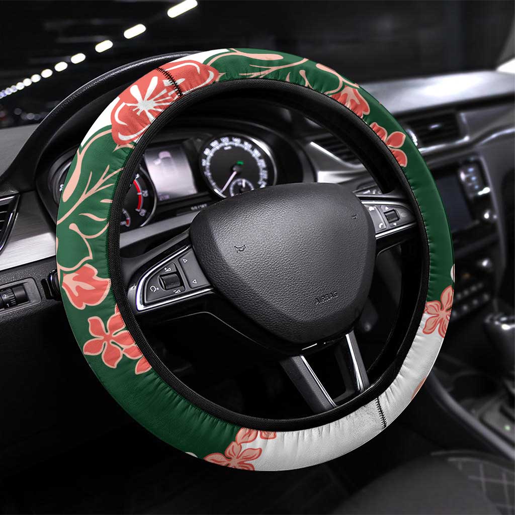 Green Orange Hibiscus Plumeria Floral Steering Wheel Cover - Polynesian Pride
