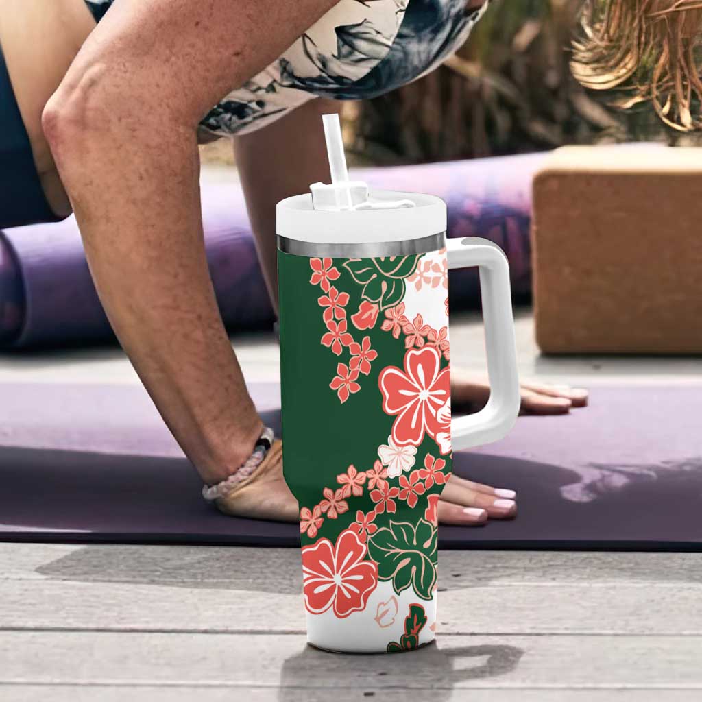 Green Orange Hibiscus Plumeria Floral Tumbler With Handle LT01 - Polynesian Pride