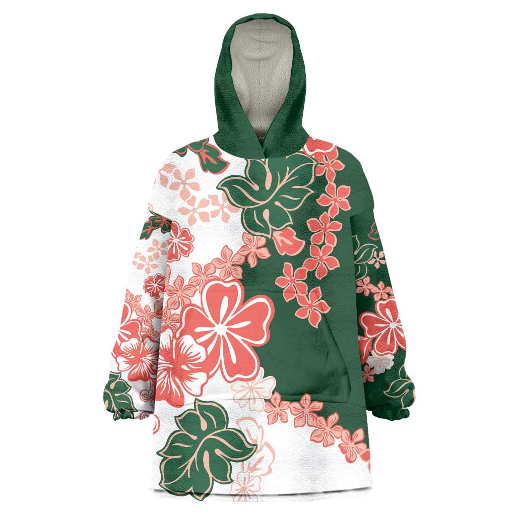 Green Orange Hibiscus Plumeria Floral Wearable Blanket Hoodie - Polynesian Pride