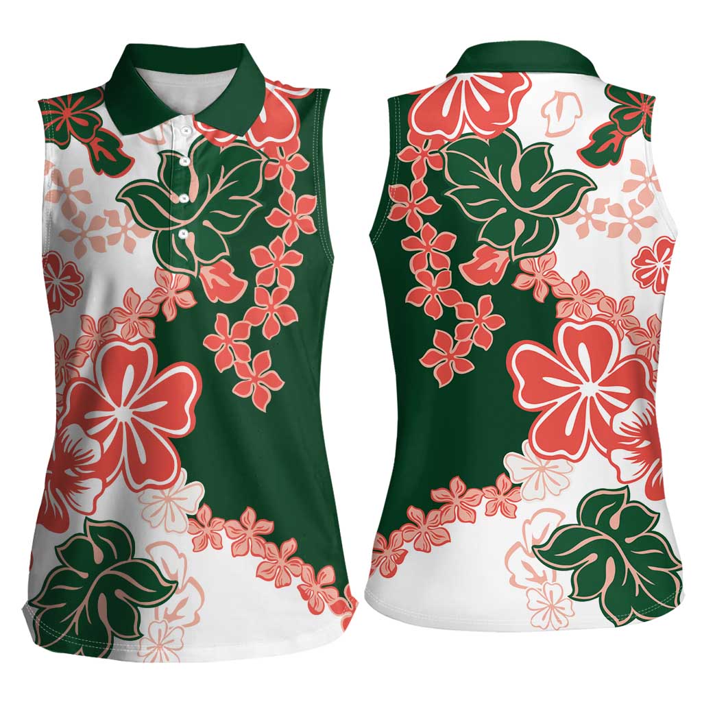 Green Orange Hibiscus Plumeria Floral Women Sleeveless Polo Shirt LT01 - Polynesian Pride