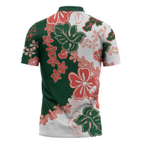 Green Orange Hibiscus Plumeria Floral Zipper Polo Shirt - Polynesian Pride
