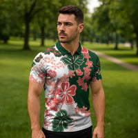 Green Orange Hibiscus Plumeria Floral Zipper Polo Shirt - Polynesian Pride