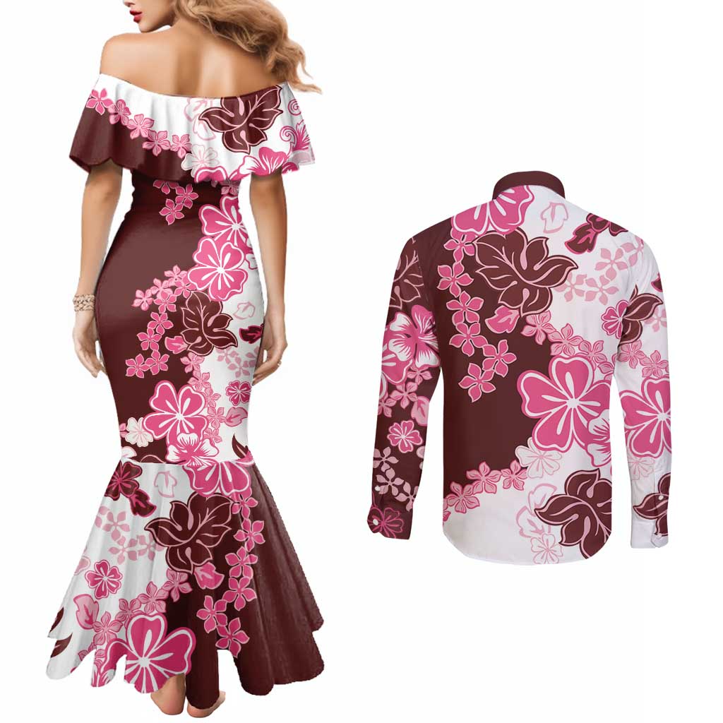 Pink Hibiscus Plumeria Floral Couples Matching Mermaid Dress and Long Sleeve Button Shirt LT01 - Polynesian Pride