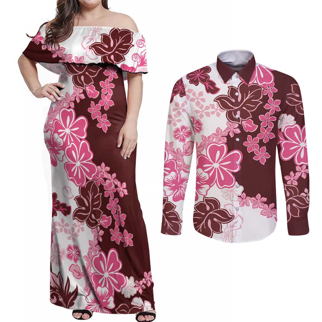 Pink Hibiscus Plumeria Floral Couples Matching Off Shoulder Maxi Dress and Long Sleeve Button Shirt LT01 Pink - Polynesian Pride