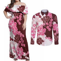 Pink Hibiscus Plumeria Floral Couples Matching Off Shoulder Maxi Dress and Long Sleeve Button Shirt LT01 Pink - Polynesian Pride