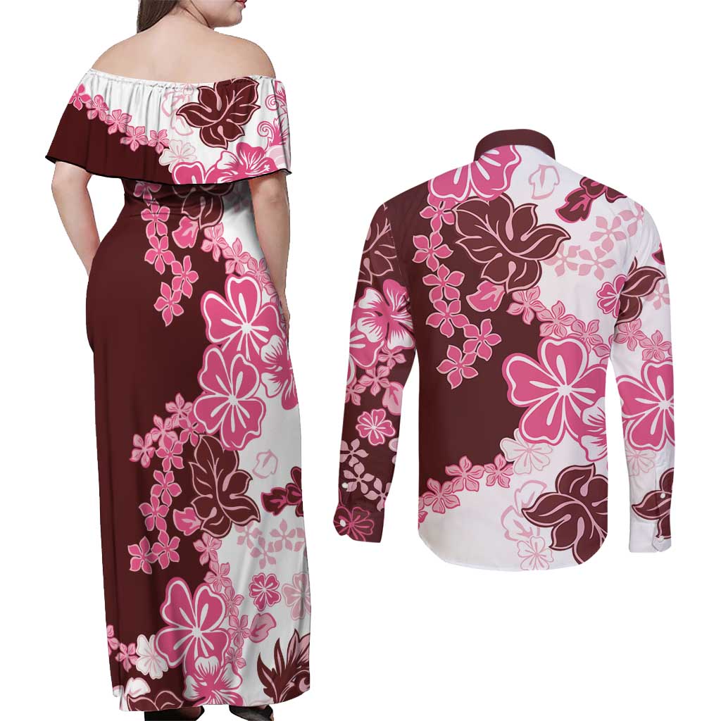 Pink Hibiscus Plumeria Floral Couples Matching Off Shoulder Maxi Dress and Long Sleeve Button Shirt LT01 - Polynesian Pride