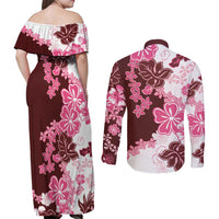 Pink Hibiscus Plumeria Floral Couples Matching Off Shoulder Maxi Dress and Long Sleeve Button Shirt LT01 - Polynesian Pride