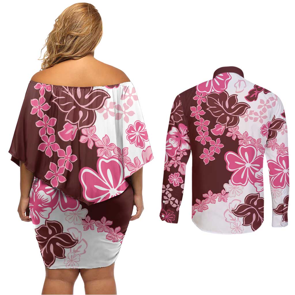 Pink Hibiscus Plumeria Floral Couples Matching Off Shoulder Short Dress and Long Sleeve Button Shirt LT01 - Polynesian Pride