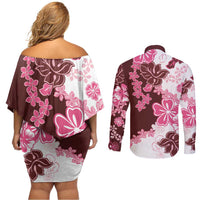 Pink Hibiscus Plumeria Floral Couples Matching Off Shoulder Short Dress and Long Sleeve Button Shirt LT01 - Polynesian Pride