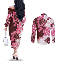 Pink Hibiscus Plumeria Floral Couples Matching Off The Shoulder Long Sleeve Dress and Long Sleeve Button Shirt LT01 - Polynesian Pride