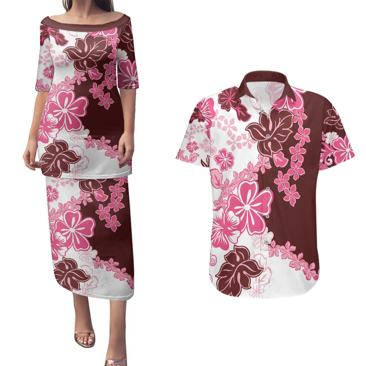 Pink Hibiscus Plumeria Floral Couples Matching Puletasi and Hawaiian Shirt LT01 Pink - Polynesian Pride