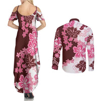 Pink Hibiscus Plumeria Floral Couples Matching Summer Maxi Dress and Long Sleeve Button Shirt LT01 - Polynesian Pride