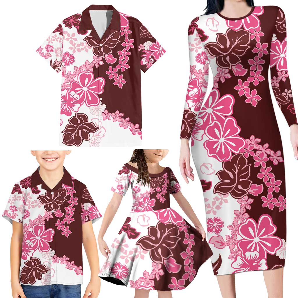 Pink Hibiscus Plumeria Floral Family Matching Long Sleeve Bodycon Dress and Hawaiian Shirt LT01 - Polynesian Pride