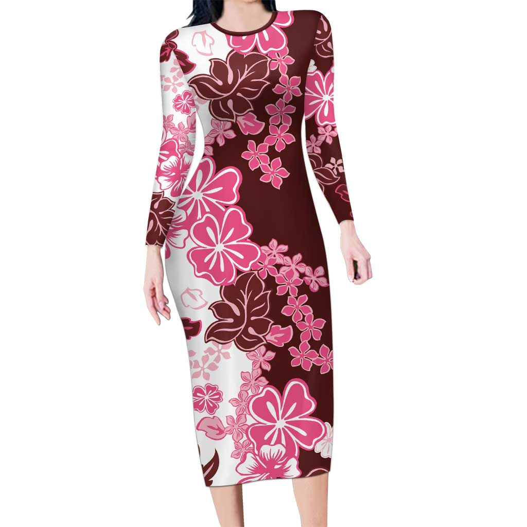 Pink Hibiscus Plumeria Floral Family Matching Long Sleeve Bodycon Dress and Hawaiian Shirt LT01 Mom's Dress Pink - Polynesian Pride