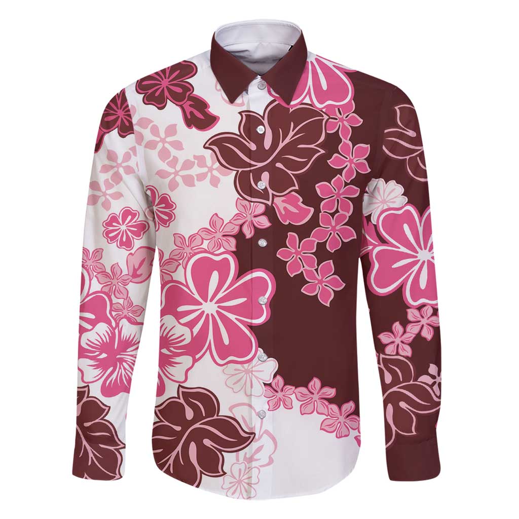 Pink Hibiscus Plumeria Floral Family Matching Mermaid Dress and Hawaiian Shirt LT01 Dad's Shirt - Long Sleeve Pink - Polynesian Pride