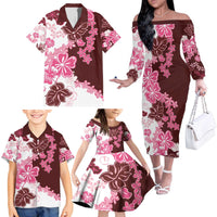Pink Hibiscus Plumeria Floral Family Matching Off The Shoulder Long Sleeve Dress and Hawaiian Shirt - Polynesian Pride