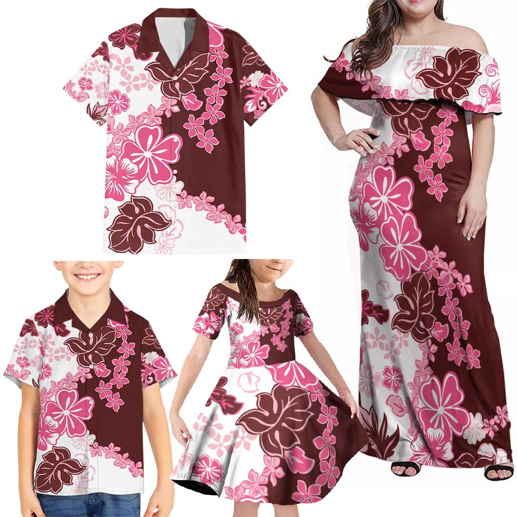 Pink Hibiscus Plumeria Floral Family Matching Off Shoulder Maxi Dress and Hawaiian Shirt - Polynesian Pride