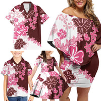 Pink Hibiscus Plumeria Floral Family Matching Off Shoulder Short Dress and Hawaiian Shirt - Polynesian Pride