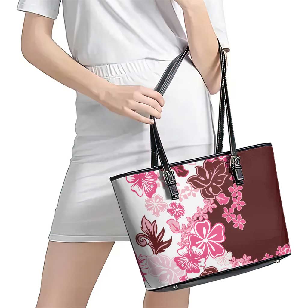 Pink Hibiscus Plumeria Floral Leather Tote Bag - Polynesian Pride