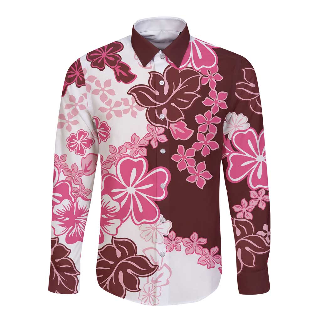 Pink Hibiscus Plumeria Floral Long Sleeve Button Shirt - Polynesian Pride
