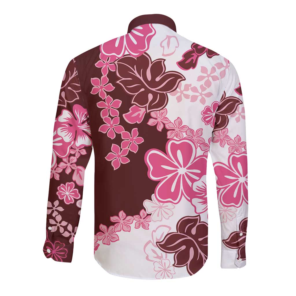 Pink Hibiscus Plumeria Floral Long Sleeve Button Shirt - Polynesian Pride