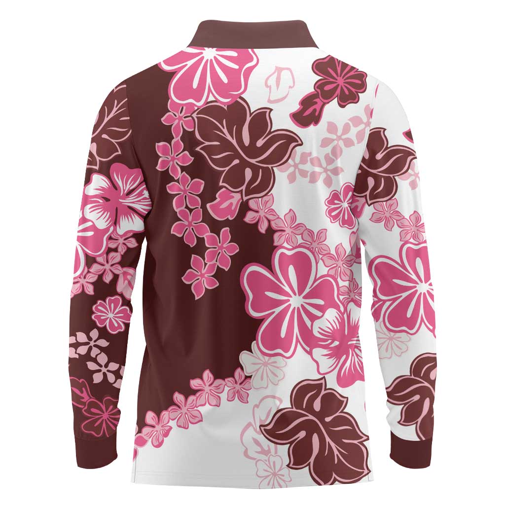 Pink Hibiscus Plumeria Floral Long Sleeve Polo Shirt - Polynesian Pride