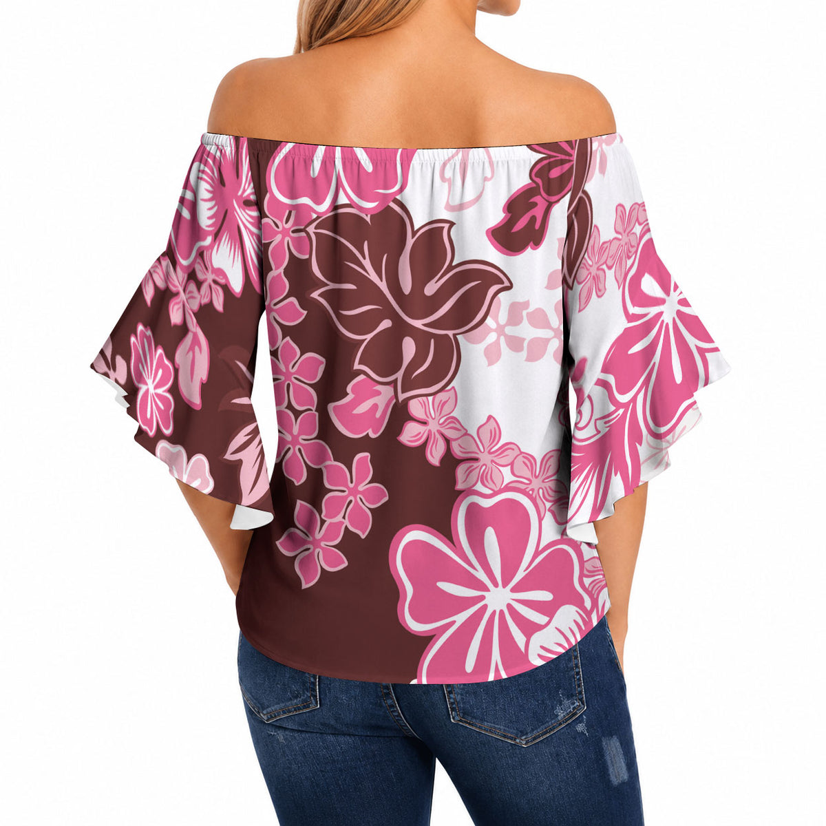 Pink Hibiscus Plumeria Floral Off Shoulder Wrap Waist Top LT01 - Polynesian Pride