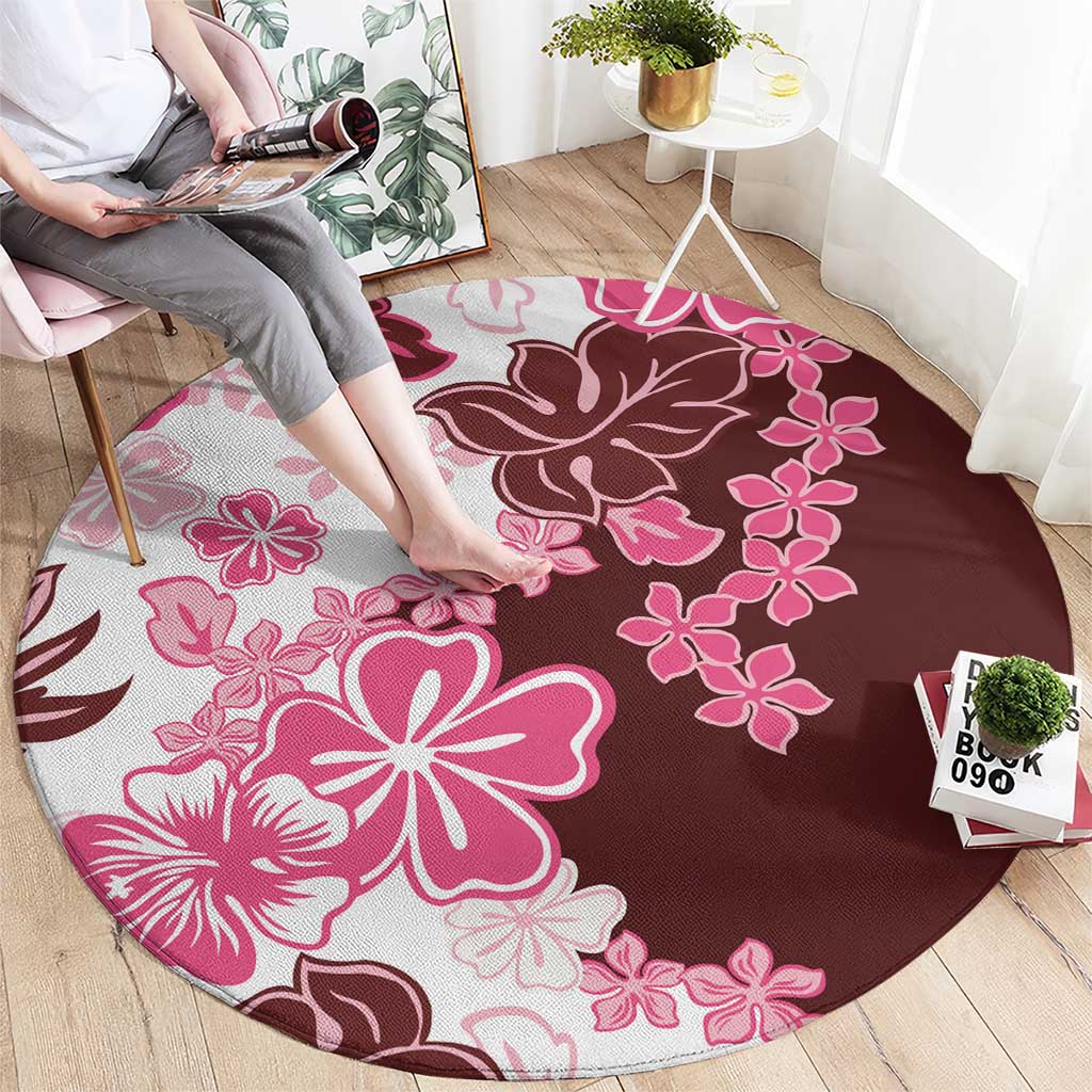 Pink Hibiscus Plumeria Floral Round Carpet - Polynesian Pride