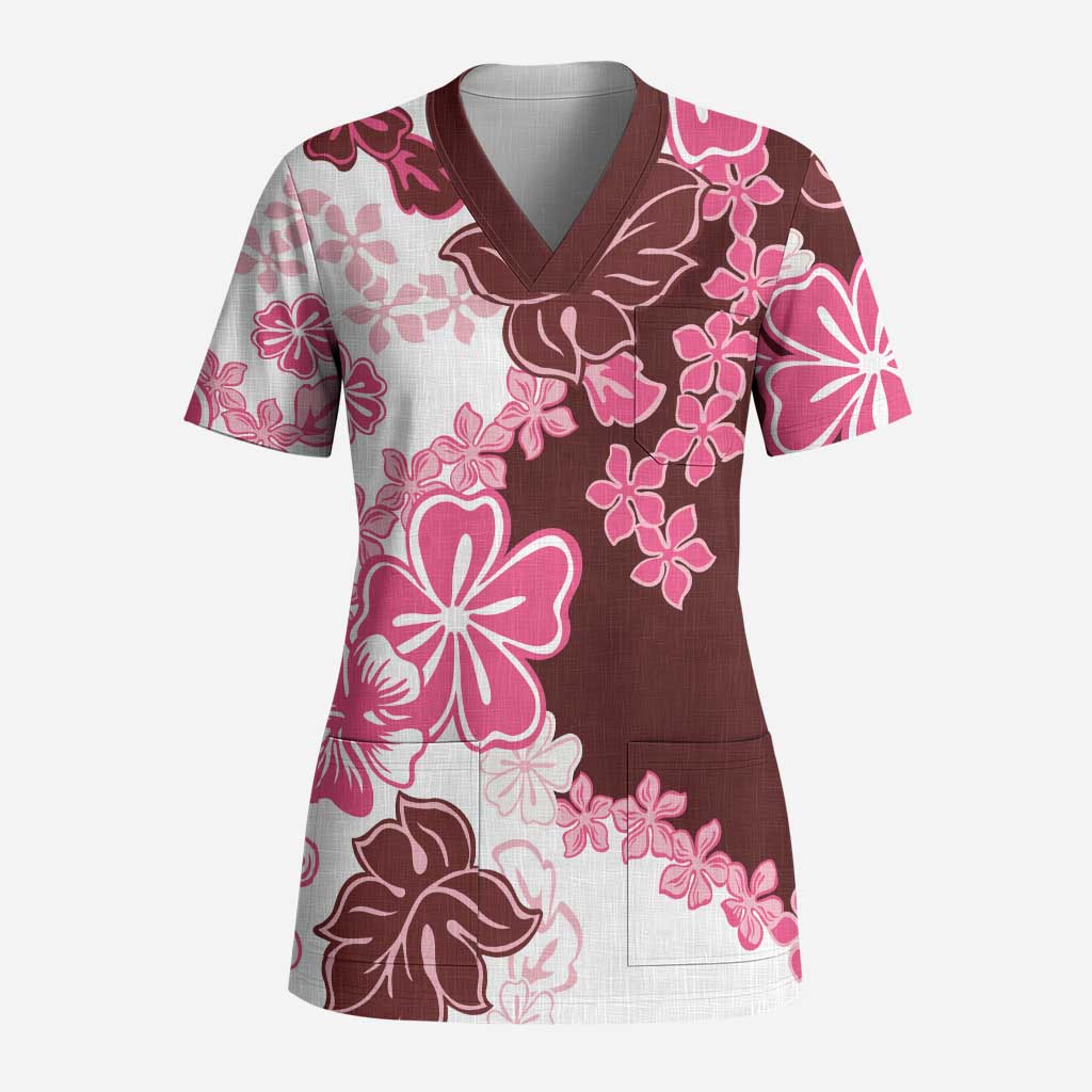 Pink Hibiscus Plumeria Floral Scrub Top - Polynesian Pride