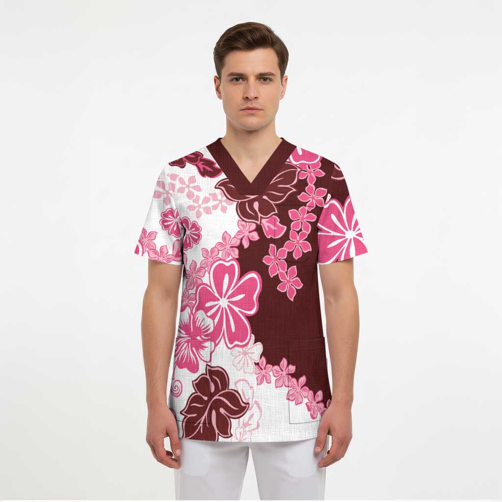 Pink Hibiscus Plumeria Floral Scrub Top - Polynesian Pride