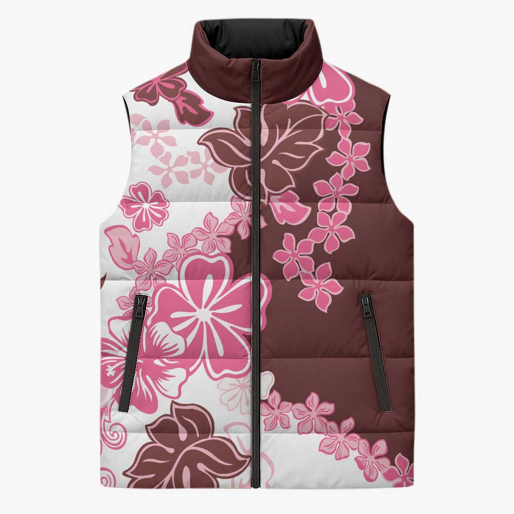 Pink Hibiscus Plumeria Floral Sleeveless Puffer Jacket - Polynesian Pride