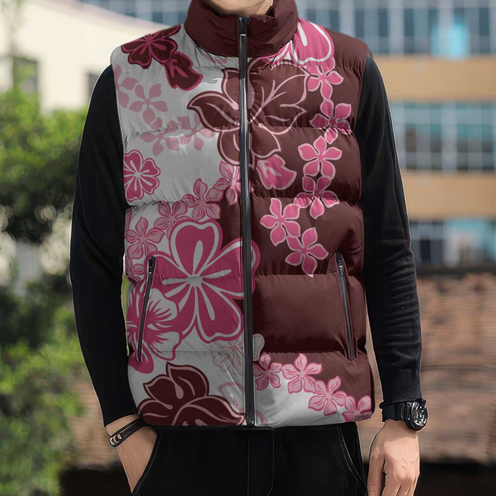 Pink Hibiscus Plumeria Floral Sleeveless Puffer Jacket - Polynesian Pride
