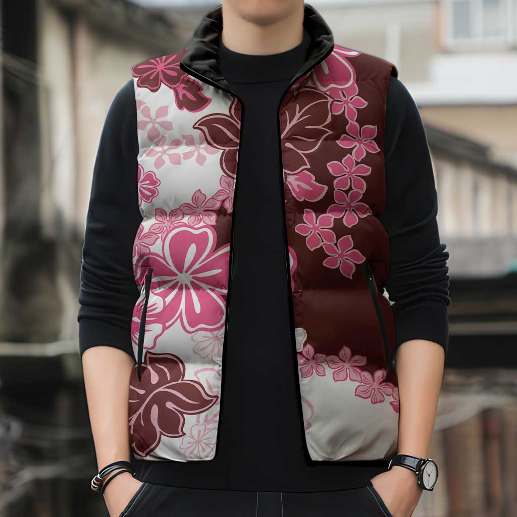 Pink Hibiscus Plumeria Floral Sleeveless Puffer Jacket - Polynesian Pride