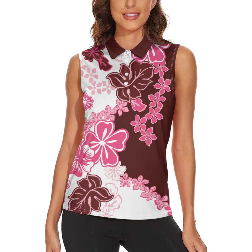 Pink Hibiscus Plumeria Floral Women Sleeveless Polo Shirt LT01 - Polynesian Pride