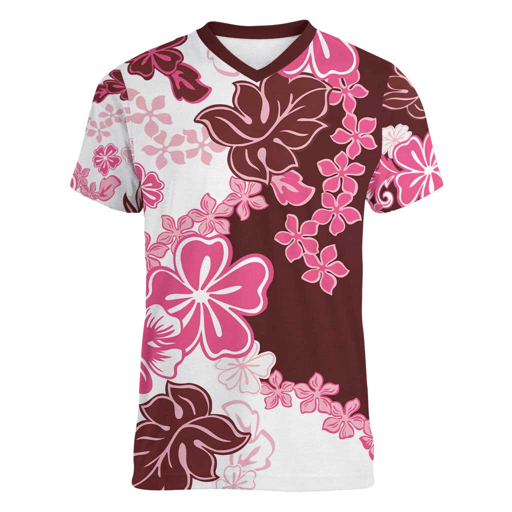 Pink Hibiscus Plumeria Floral Women V-Neck T-Shirt LT01 Female Pink - Polynesian Pride