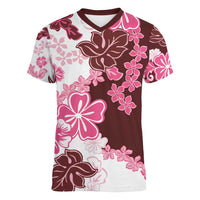 Pink Hibiscus Plumeria Floral Women V-Neck T-Shirt LT01 Female Pink - Polynesian Pride