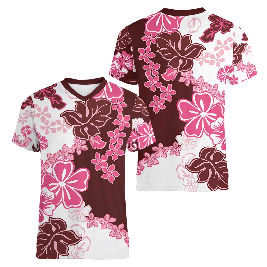 Pink Hibiscus Plumeria Floral Women V-Neck T-Shirt LT01 - Polynesian Pride