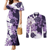 Purple Hibiscus Plumeria Floral Couples Matching Mermaid Dress and Long Sleeve Button Shirt LT01 Purple - Polynesian Pride