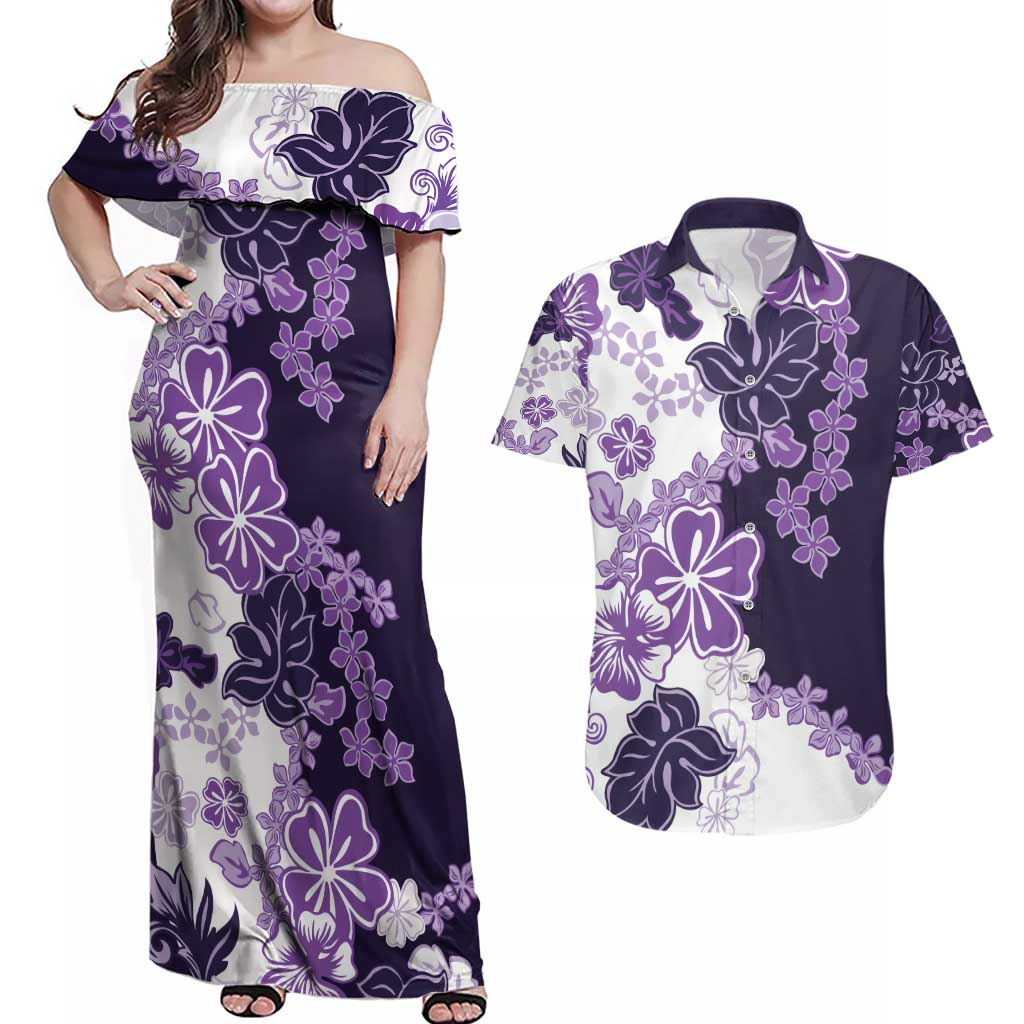 Purple Hibiscus Plumeria Floral Couples Matching Off Shoulder Maxi Dress and Hawaiian Shirt LT01 Purple - Polynesian Pride