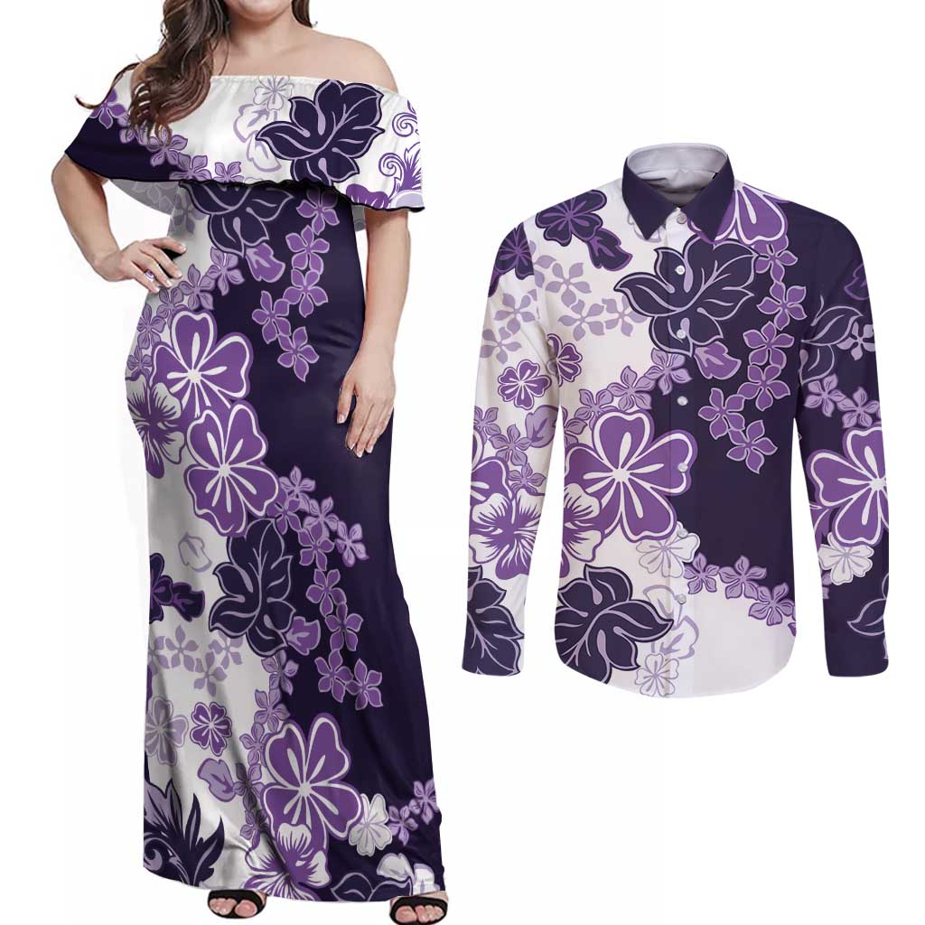 Purple Hibiscus Plumeria Floral Couples Matching Off Shoulder Maxi Dress and Long Sleeve Button Shirt LT01 Purple - Polynesian Pride