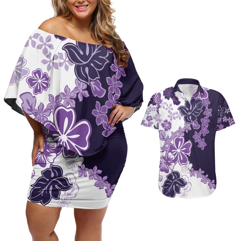 Purple Hibiscus Plumeria Floral Couples Matching Off Shoulder Short Dress and Hawaiian Shirt LT01 Purple - Polynesian Pride