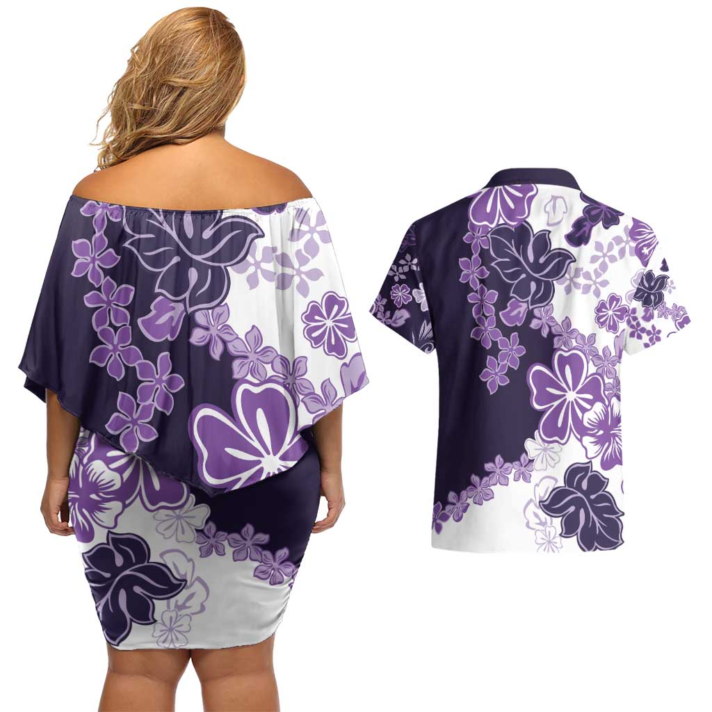Purple Hibiscus Plumeria Floral Couples Matching Off Shoulder Short Dress and Hawaiian Shirt LT01 - Polynesian Pride
