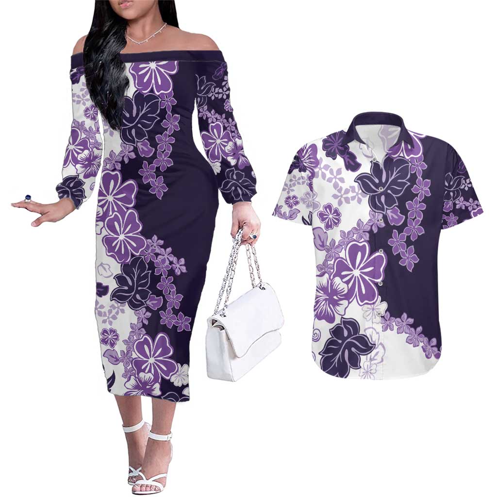 Purple Hibiscus Plumeria Floral Couples Matching Off The Shoulder Long Sleeve Dress and Hawaiian Shirt - Polynesian Pride