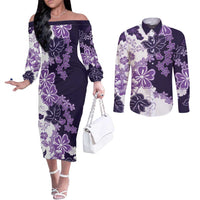 Purple Hibiscus Plumeria Floral Couples Matching Off The Shoulder Long Sleeve Dress and Long Sleeve Button Shirt LT01 Purple - Polynesian Pride