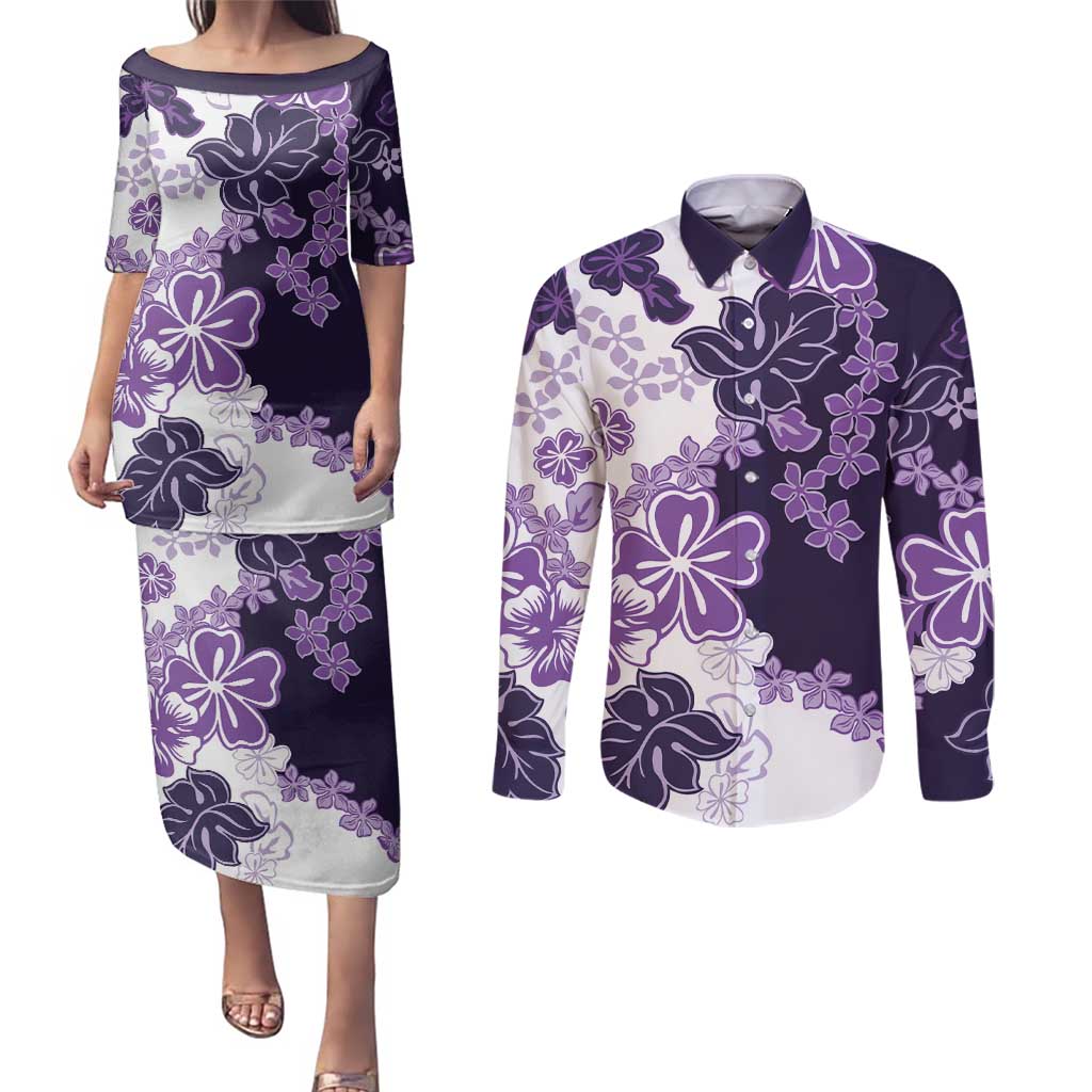 Purple Hibiscus Plumeria Floral Couples Matching Puletasi and Long Sleeve Button Shirt LT01 Purple - Polynesian Pride