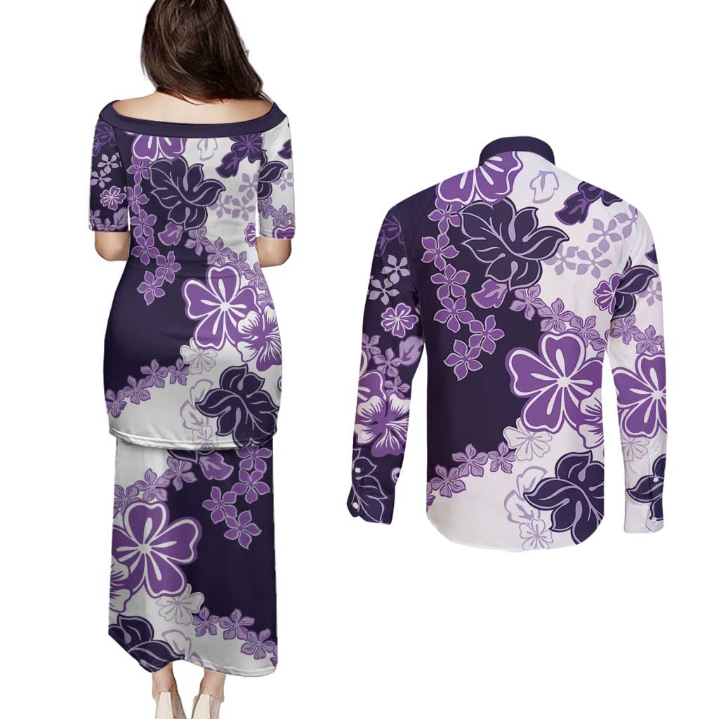 Purple Hibiscus Plumeria Floral Couples Matching Puletasi and Long Sleeve Button Shirt - Polynesian Pride