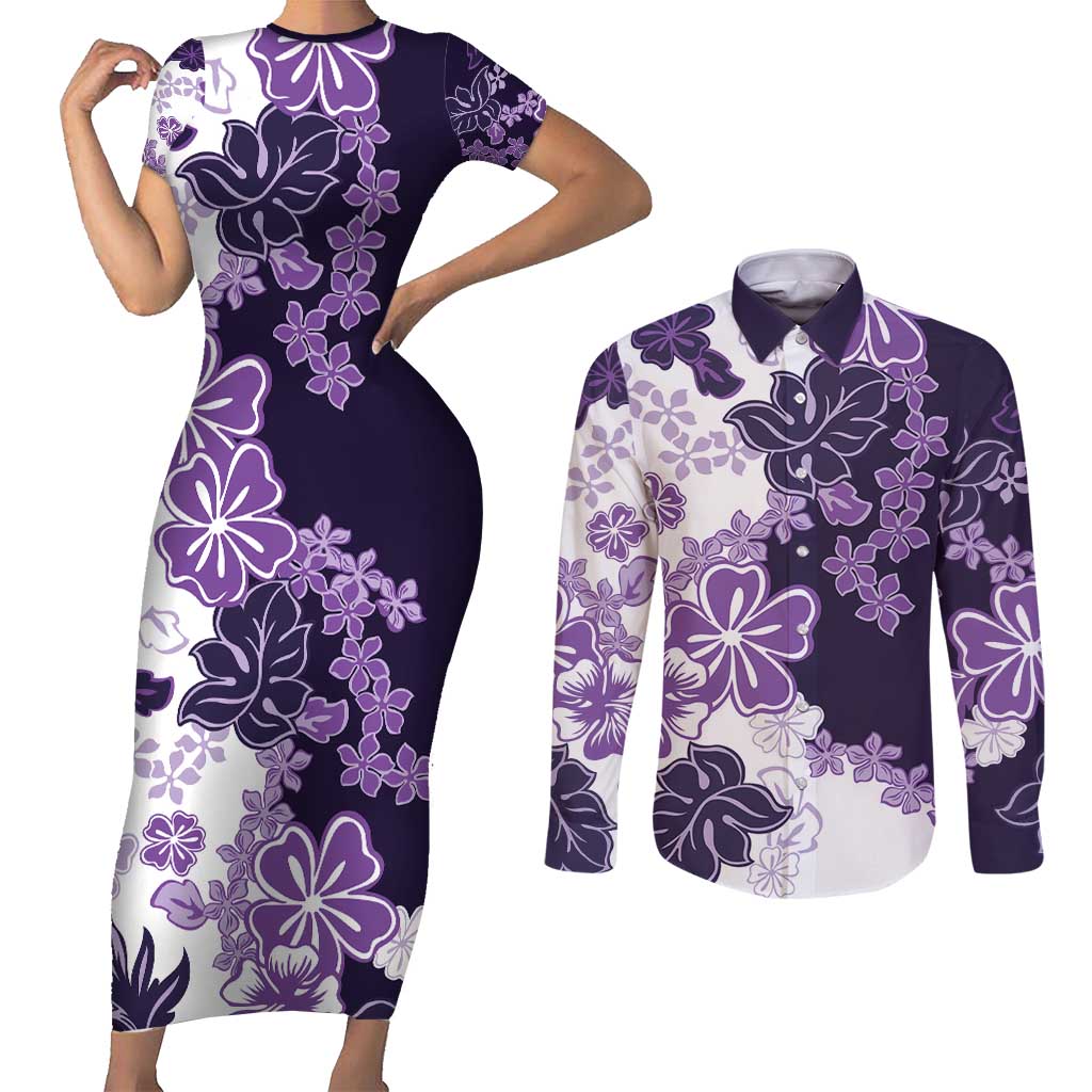 Purple Hibiscus Plumeria Floral Couples Matching Short Sleeve Bodycon Dress and Long Sleeve Button Shirt LT01 Purple - Polynesian Pride