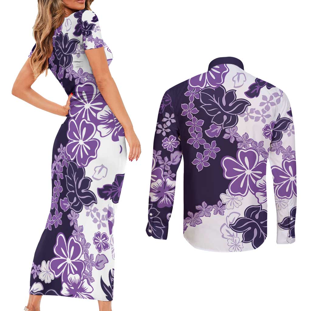 Purple Hibiscus Plumeria Floral Couples Matching Short Sleeve Bodycon Dress and Long Sleeve Button Shirt LT01 - Polynesian Pride